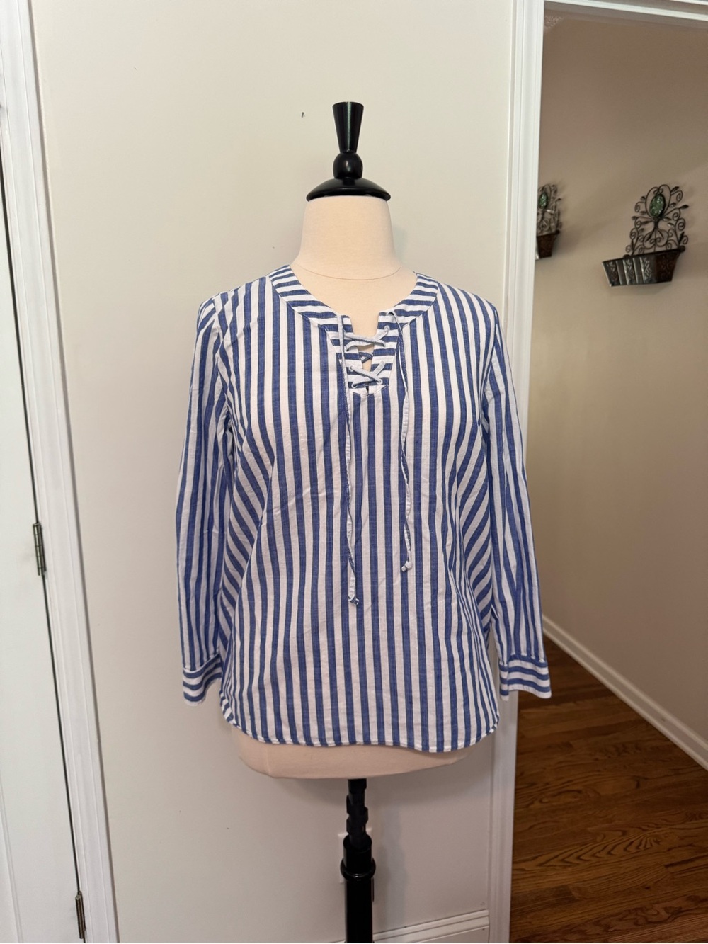 Style & Co. Blue and White Striped Lace-Up Tunic